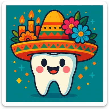 happy molar tooth wearing traditional Mexican hat, decorated with Día de Muertos elements like flowers and candles, vibrant cartoon style sticker