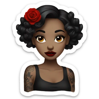 Pale black haired girl with black tattoos on body wearing red lipstick  sticker