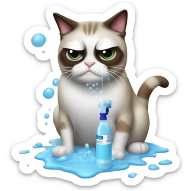 Spray bottle spraying water at a grumpy cat sticker