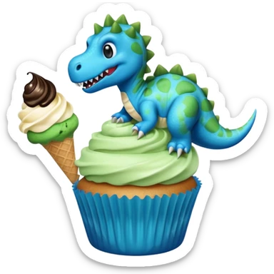 A cupcake having blue and black icing and a dinosaur as a decoration and ice cream next to it sticker