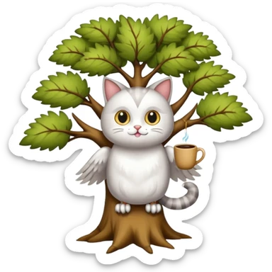 crea un gato con alas de búho con pelaje color cafe y blanco y que este en la rama de un árbol sticker