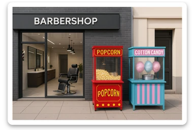 brohouse sartarosh xonasini chizib ber tashqaridan va uning yonida yupi va musqaymoq sotadigan lavkalar bulsin va sartarosh xona sal zamonaviyroq bulsin sticker