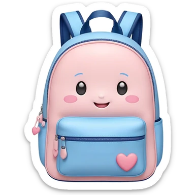 Cute Kawaii Backpack, round and chubby, soft pastel pink and blue, tiny heart-shaped zippers, blushing cheeks, a tiny smiling face, a happy school-time companion! sticker