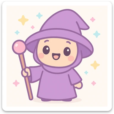 kawaii wizard character with purple robes, magic staff, big cheerful smile sticker
