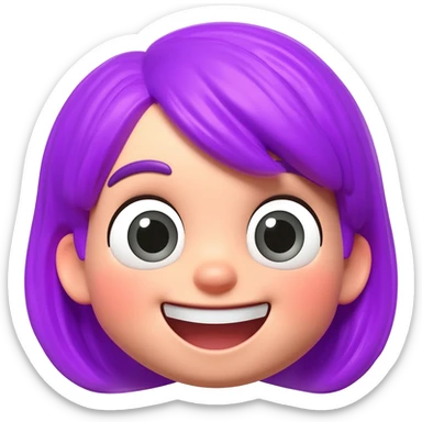 A cute 3D animated emoji character of a young girl face with vibrant purple hair. She has big expressive eyes and a wide happy smile showing teeth. The style is like a Pixar or Disney movie character, soft textures, high quality CGI render, isometric view, on a solid plain white background. sticker