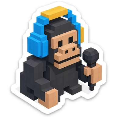 gorilla with headphones holding a microphone, isometric view, voxel style sticker