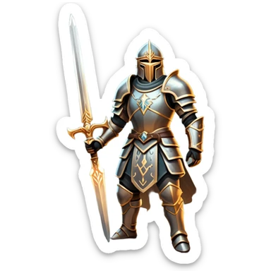 An icon representing RPG, inspired by Elden Ring. The design features a warrior in armor, holding a sword, standing in front of a mystical, dark landscape with glowing runes and a distant castle. The atmosphere evokes epic quests, exploration, and intense battles. Transparent background sticker
