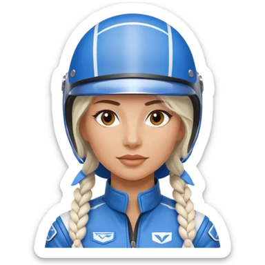 woman with white braided hair in blue racer helmet sticker