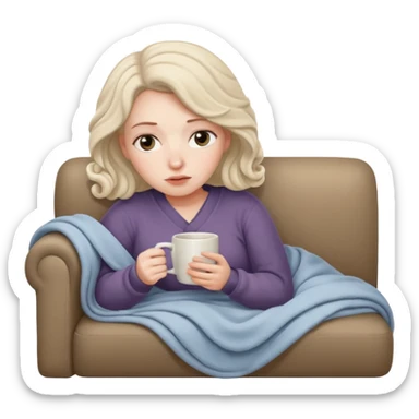 woman curled up on a couch with a blanket, holding a mug, looking thoughtful and alone sticker