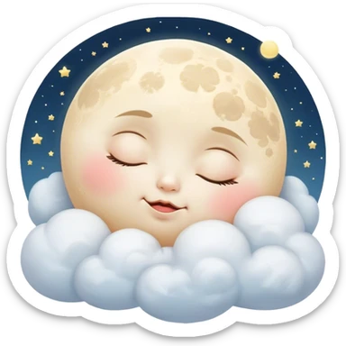 Cinematic adorable moon with a sleepy face, round and chubby, soft glowing light, tiny rosy cheeks, resting on a bed of fluffy clouds, dreamy and peaceful. sticker
