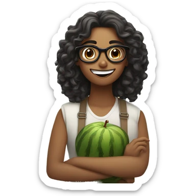 fruit-themed date. woman fair skin, shoulder-length curls, glasses, and a slightly shocked expression, as if she’s not excited about the date. The man should have an emo hairstyle and light or olive skin, with a happy and enthusiastic expression sticker