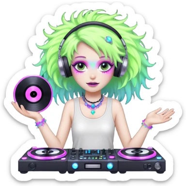  hard-techno-rave-fairy,-holding-a-dj-turntable,-wild-hair,-neon-sparkles,-minimal-background sticker