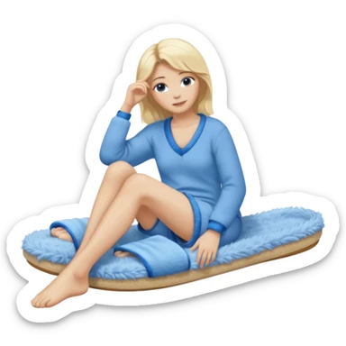 blonde woman wearing comfy lounging outfit, blue fuzzy slippers on her bare feet sticker