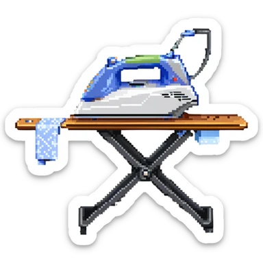 A detailed clothes iron next to an ironing board sticker