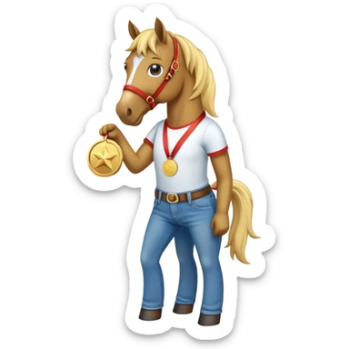 friendly anthropomorphised horse in jeans and a t-shirt, wearing a gold medal sticker