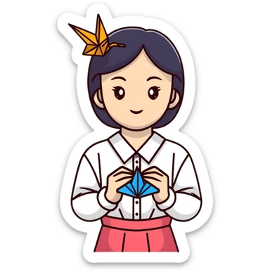 Ukrainian young girl in a white embroidered traditional shirt (vyshyvanka) holding origami paper crane sticker