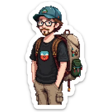 adventurer with goatee beard (no beard on cheeks), short hair, glasses, backwards baseball cap and backpack sticker