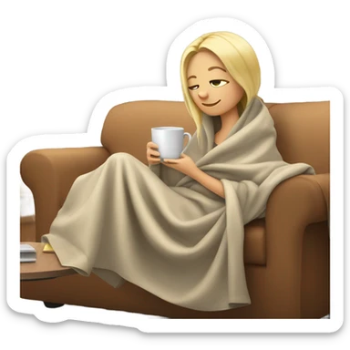 Blond girl drinking coffee in a blanket on the sofa  sticker