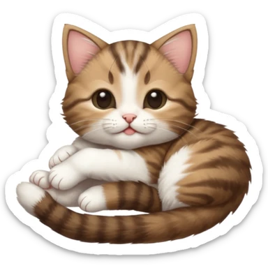 dark brown tabby and white kitten in funny positions upside down with eyes closed sticker