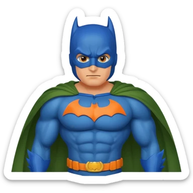 batman emoji with the mask in blue, wings in orange and cloak in green sticker
