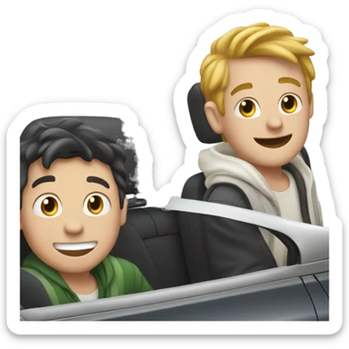 2 guys smiling in the backseat of a car looking out the back window, specifically a white car  sticker