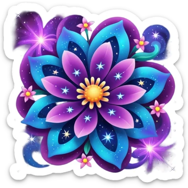 stylized flower with swirling nebula colors, sparkling stars on the petals, cosmic fantasy sticker