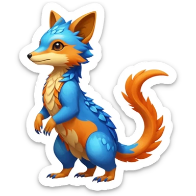 Colorful brown with blue and orange tropical exotic shiny beautiful fantasy-Vernid-Cacomistle-Oncilla-animal-Fakémon-hybrid-fursona (full body) sticker