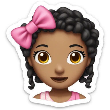 brown hello kitty with long black curly braids with pink bows on them sticker