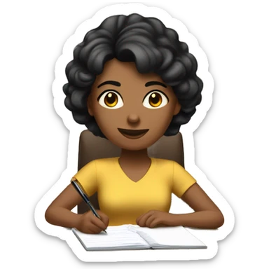 white mom with short black hair writing  a notebook on a wooden desk sticker