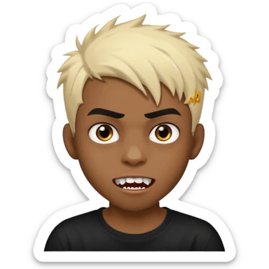 Black Male Teenager with Short punk messy blonde hair, Dark brown bushy eyebrows large expressive golden-brown eyes, wearing a plain white t-shirt, Dark Brown skin color. vampire tooth sticker