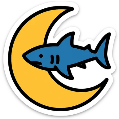 moon with a shark icon in lineal color with black outlines sticker
