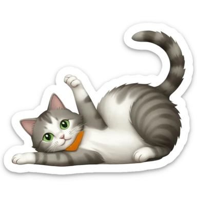 grey and white cat with green eyes doing a big extremely long stretch reaching up into the air with arms and legs side by side together straight and overextended whilst lying on its side sticker