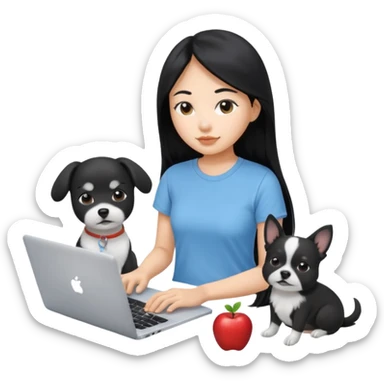 Asian girl long black hair, wearing a light blue t-shirt, working on an Apple laptop, next to her is a small black and white dog sticker
