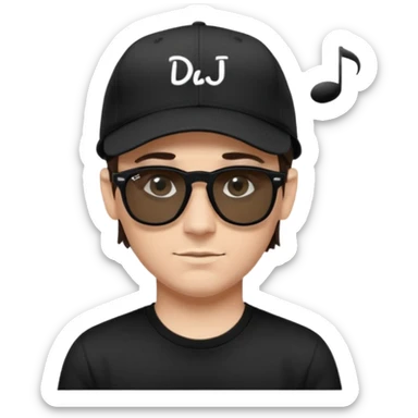 Emoji of a white man with short dark brown hair under a black baseball cap, wearing a black t‑shirt and 1980s‑style black Ray‑Ban rectangle sunglasses black lenses, with black musical notes floating around his head,  word "DJ DLG" written on the hat sticker