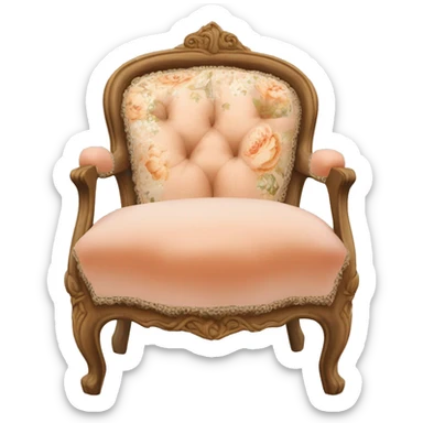 Vintage French chair with Mongolian peach, curly fur on the seat and a vintage peach and white floral on the top in a natural wood frame sticker