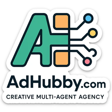 minimal tech-inspired logo for adhubby.com, creative multi-agent agency, clean lines, geometric shapes, digital motifs like circuits or nodes, subtle color accents, modern and suitable for small businesses sticker