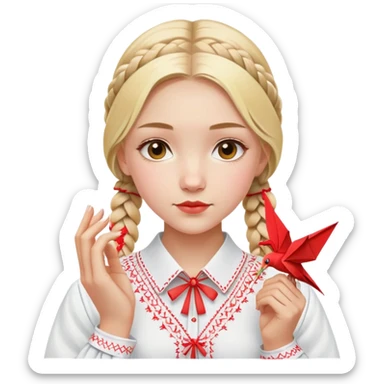 Ukrainian young girl with blonde braided hair wearing a white traditional embroidered shirt (vyshyvanka) holding a red origami paper crane in her hands sticker