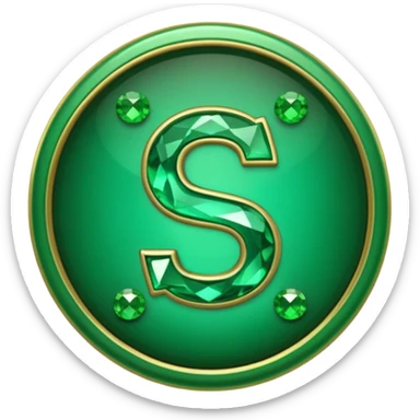 Create a custom emoji badge featuring a stylized, glossy letter “S”. Theme it according to the Emerald rank from League of Legends. Use deep green gemstones, bright emerald glows, and polished metallic framing. Luxurious and clean. sticker
