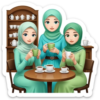 Turkish beautiful finish Konya girls blue eyes with Beautiful light green hijab long tail dress and the two friends in a coffeehouse sits on the chair on the ground and holds cup coffe with her hand  sticker