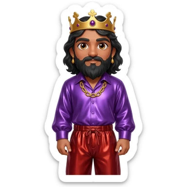 King Solomon with hazel eyes, long black hair, royal purple metallic shirt, red metallic baggy pants, gold necklace and earrings sticker