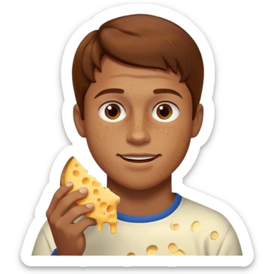 Man with brown hair and light skin with freckles, eating cheese sticker