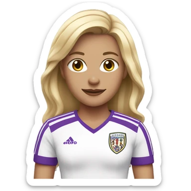 a blonde woman in a white soccer jersey with purple pinstripes sticker
