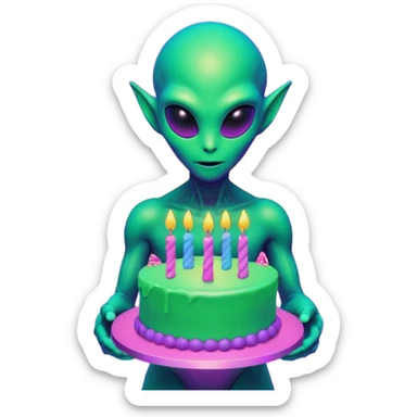 A neon-colored alien holding a holographic birthday cake, 1980s vaporwave aesthetic, grid floor, purple and cyan sunset, glitch effects, synthwave atmosphere, retro futuristic style
 sticker