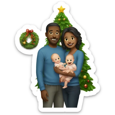 Couple standing by a Christmas tree holding a baby sticker
