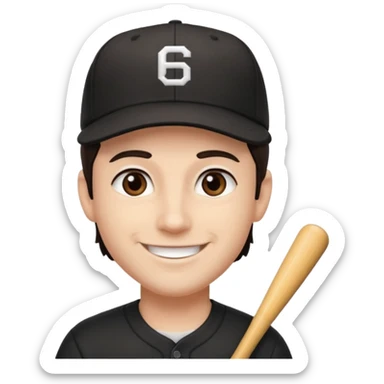 male, dark brown hair, dark brown eyes, fair skin, black baseball hat sticker