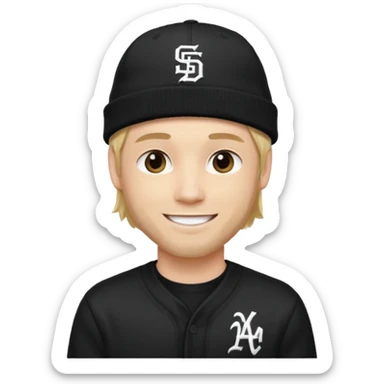 rapper da trắng, tóc vàng, full đen, có mũ len hãng MLB, đẹp trai
 sticker