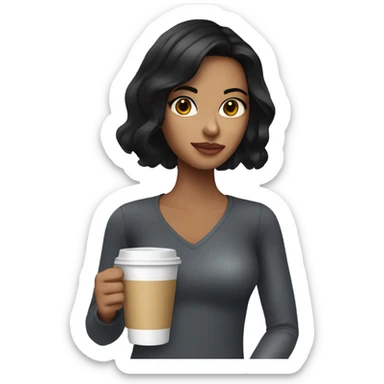 Girl with black hair slightly tan skin and brown eyes sips coffe in a plastic cup with foam sticker