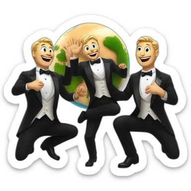 3 white men in tuxedo evil laughing with their palms raised behind a miniature earth on the ground sticker