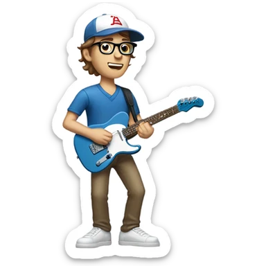 A nerdy white guy with glasses with short brown hair wearing a baseball cap playing a blue classic telescaster sticker
