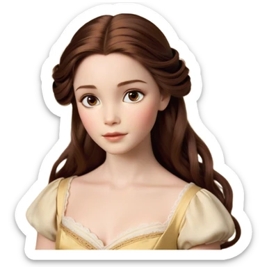 Cinematic Realistic Belle Portrait, depicted with lifelike skin texture, soft natural lighting, and intricately detailed brown hair styled elegantly. Her deep, expressive eyes exude warmth and intelligence, complemented by a serene and graceful expression. She is dressed in her classic attire, with rich fabric textures and delicate folds that catch the light beautifully. The portrait features a soft, enchanting glow with a natural, radiant finish, capturing the essence of timeless beauty in a realistic and painterly style, evoking a sense of depth and authenticity. sticker